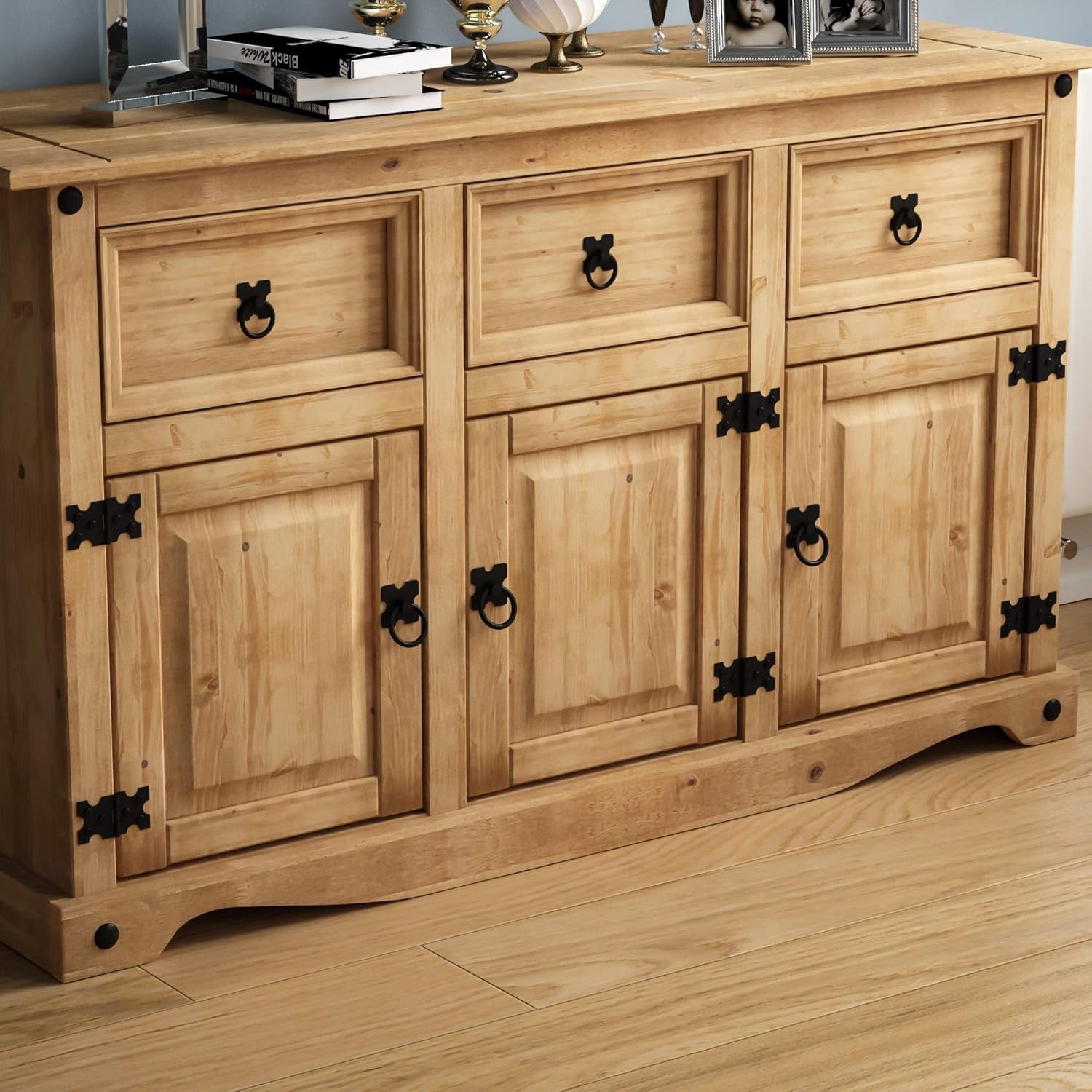 Large Rustic Solid Pine Sideboard 3 Door 3 Drawer Storage Cabinet 125cm