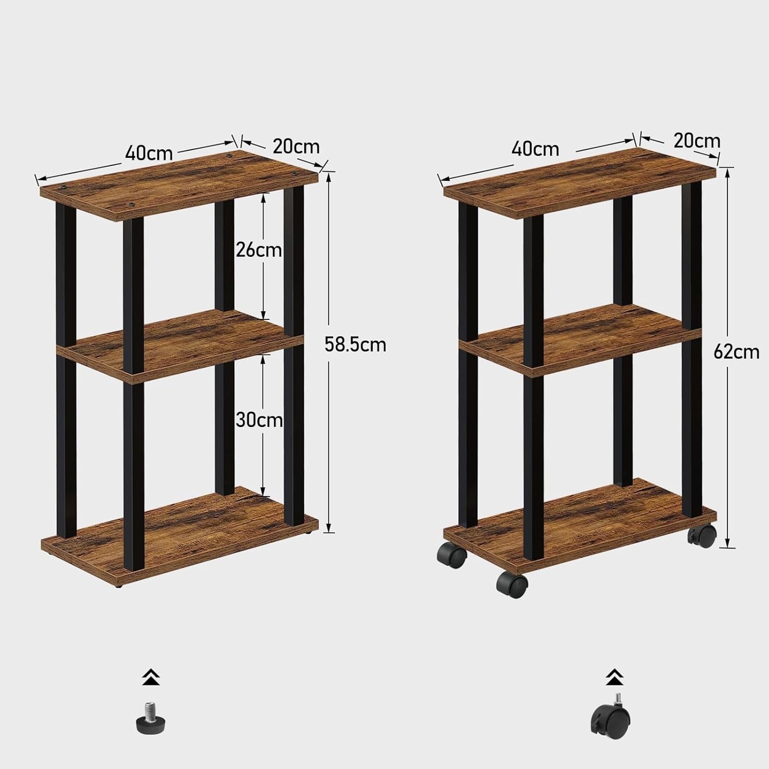Narrow Small Side Table with Wheels & 3-Tier Storage, Adjustable Feet, Brown