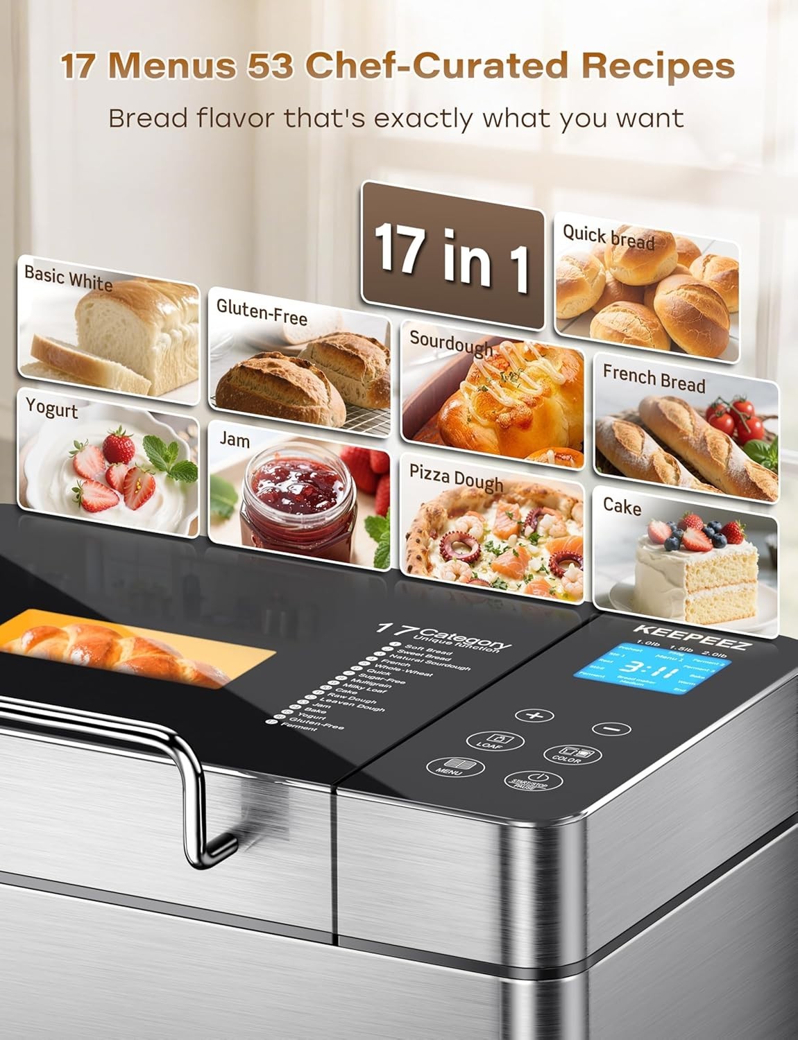 2LB Bread Maker 17-in-1 Ceramic Pan Nut Dispenser Touch Panel Silver