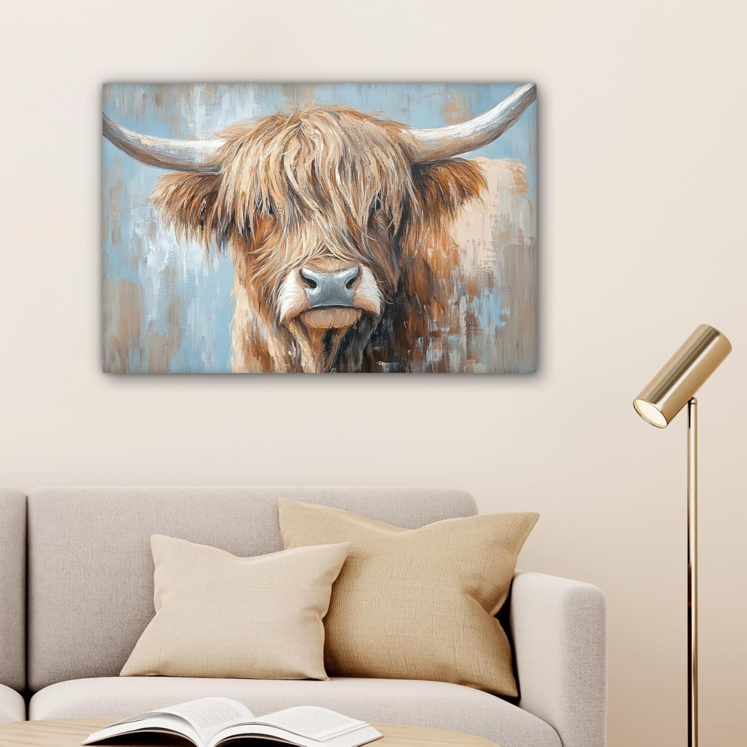Highland Cow Canvas Wall Art 60x40cm Framed Rustic Farmhouse