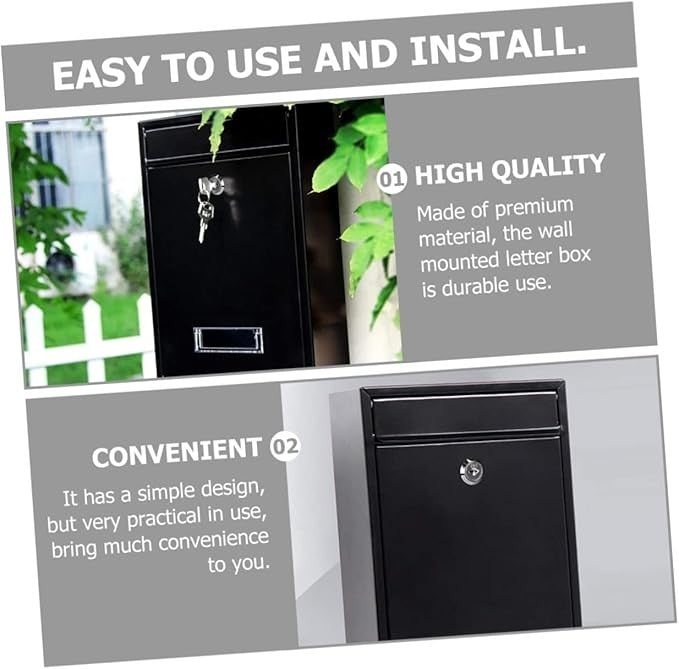 Wall Mounted Iron Mailbox Black – Secure Outdoor Post Box for Letters Newspapers
