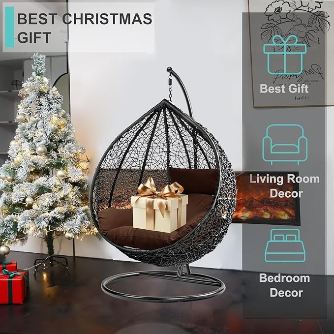 Outdoor Hanging Egg Chair Rattan Swing Seat with Cushion & Steel Frame Garden