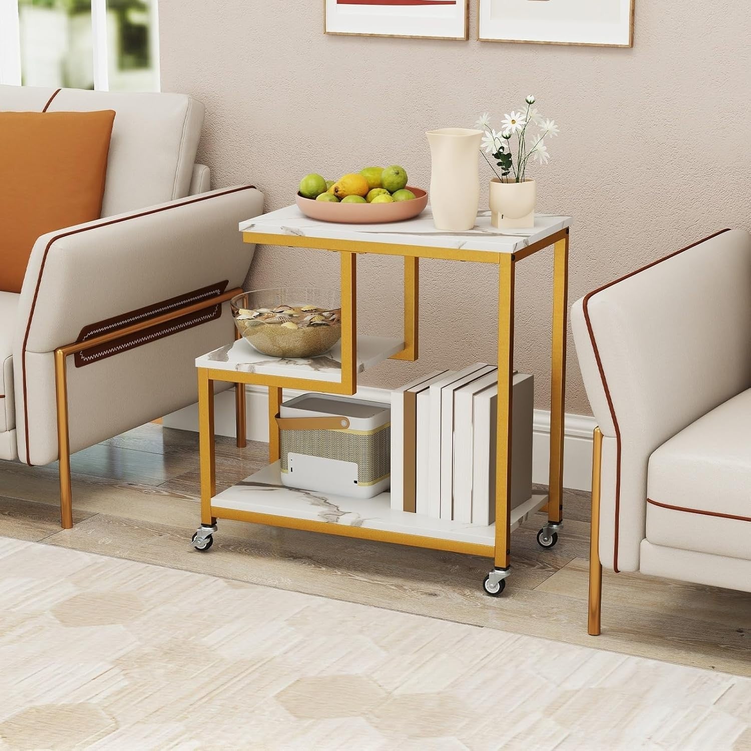 White Gold G-Shaped Sofa Side Table with Wheels | 3-Tier End Table Storage