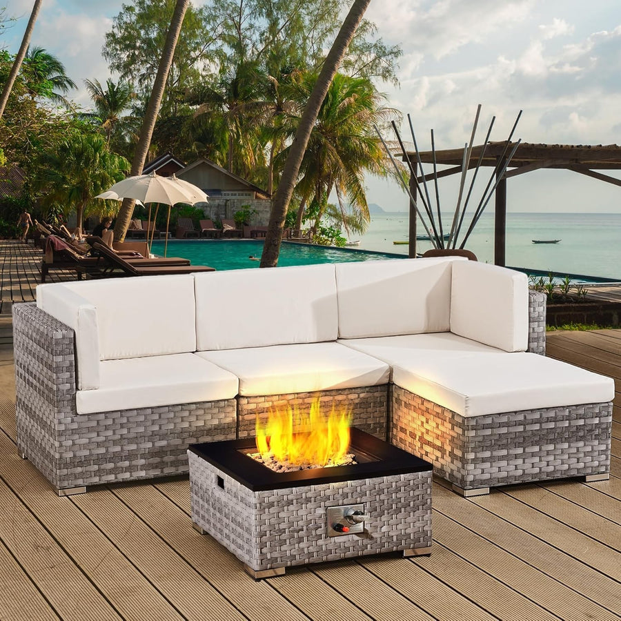 Outdoor Rattan Garden Sofa Set 4-Seater L-Shape Patio with Cushions & Table