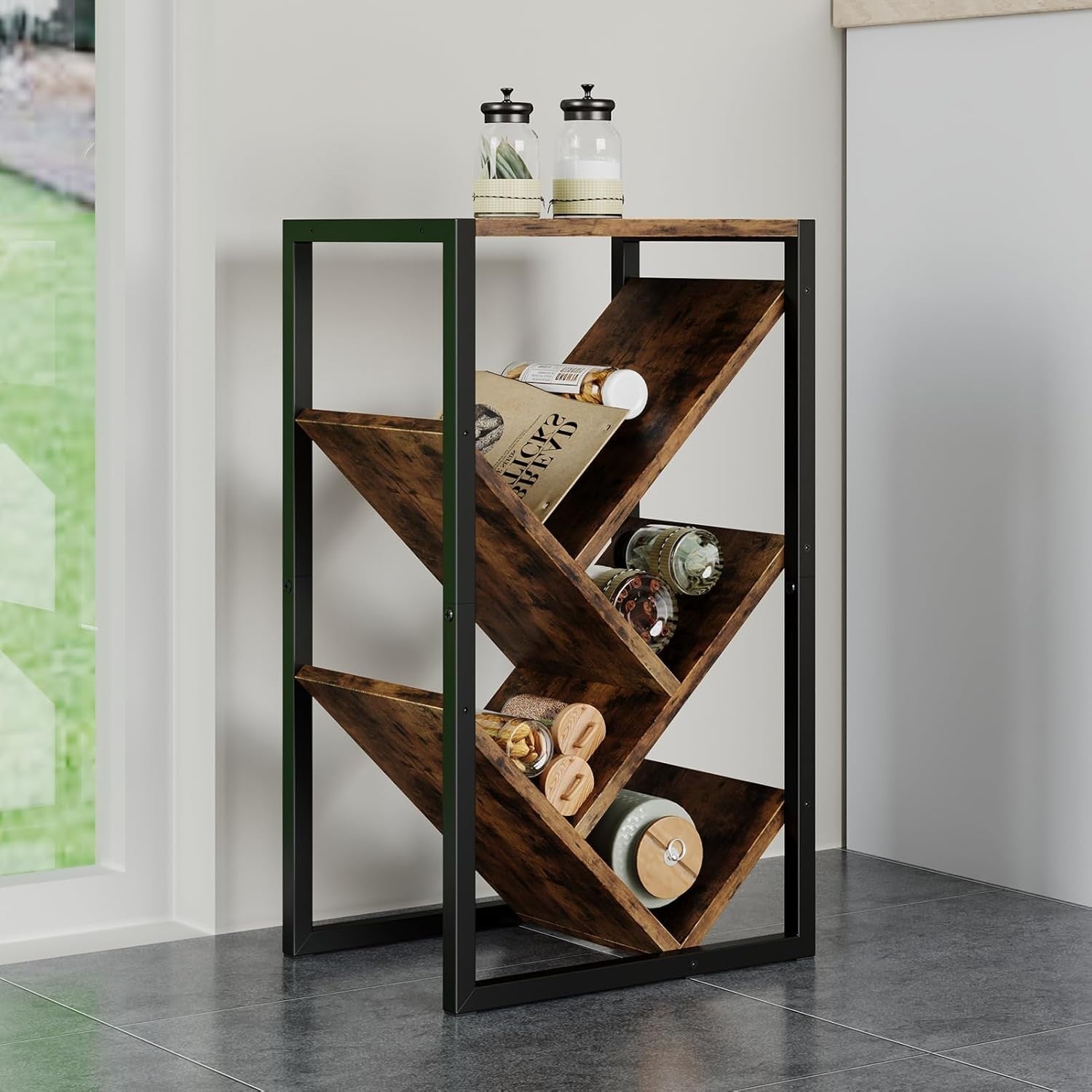 5 Tier Tree Bookshelf Small Rustic Bookcase CD Rack Storage Unit 38x28x65cm