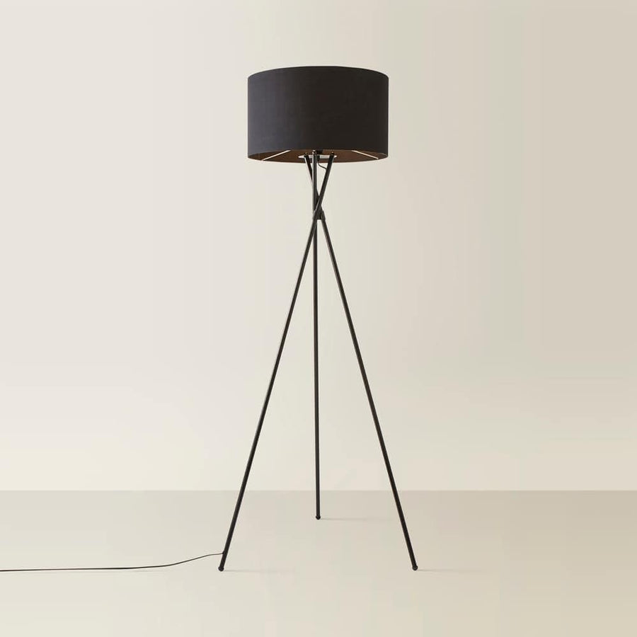 Modern Black Tripod Floor Lamp Metal Stand with Fabric Shade LED Bulb
