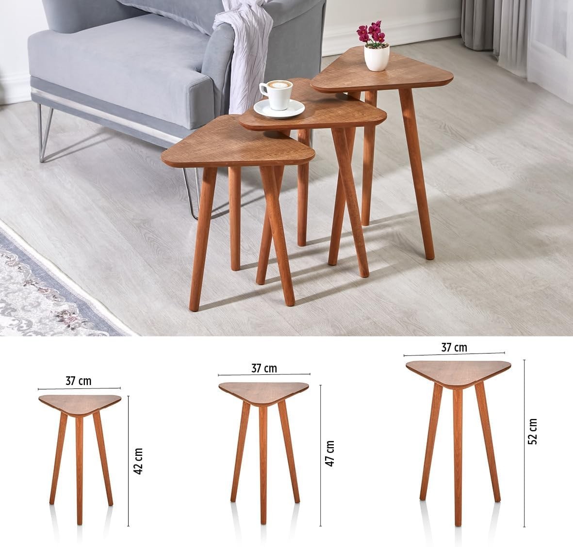 Brown Wood Nesting Coffee Table Set of 3 End Side Tables Living Room Furniture