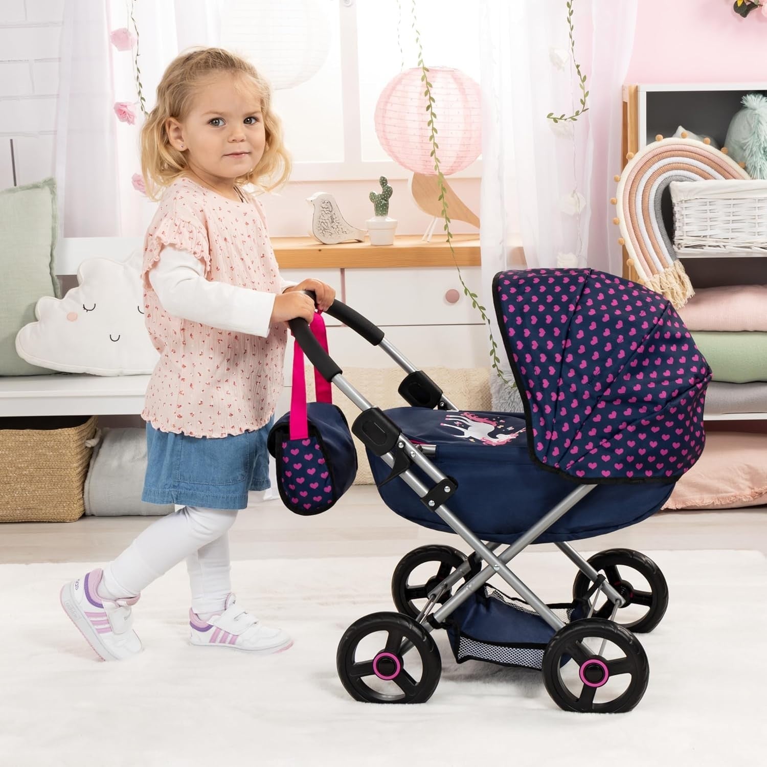 Dolls Pram Cosy Pushchair Foldable with Bag Blanket Pillow Basket