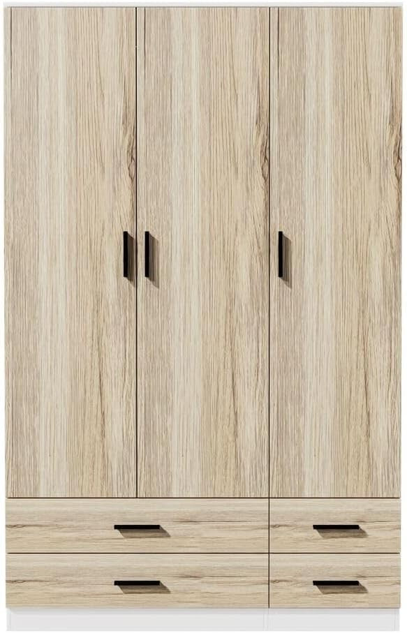 Modern 3-Door 4-Drawer Wardrobe with Hanging Rail & Storage Shelf – Oak/White