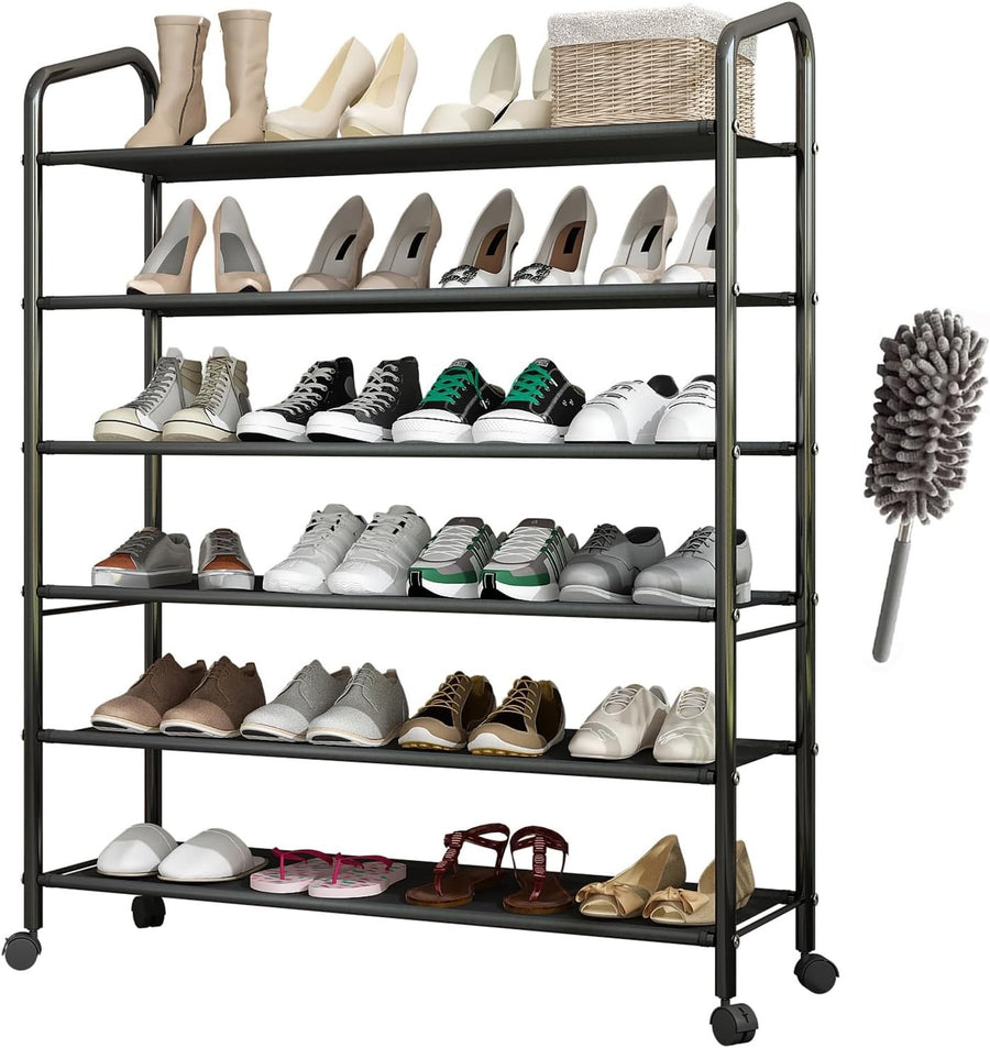 6-Tier Rolling Shoe Rack with Locking Wheels & Durable Fabric, Holds 20-35 Pairs