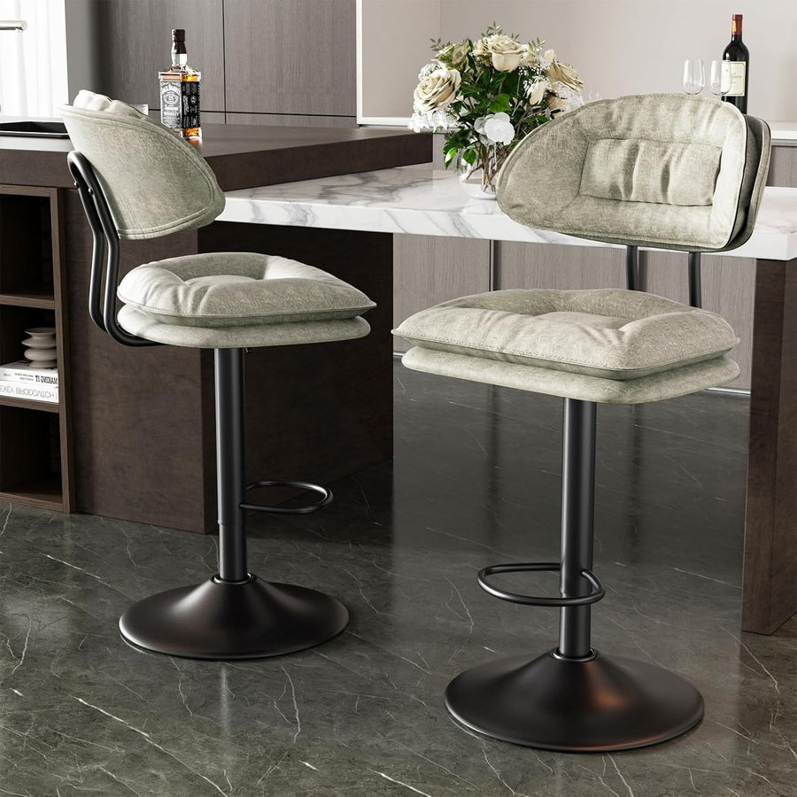 Beige Adjustable Swivel Bar Stools Set of 2 with Back Fabric Counter Height