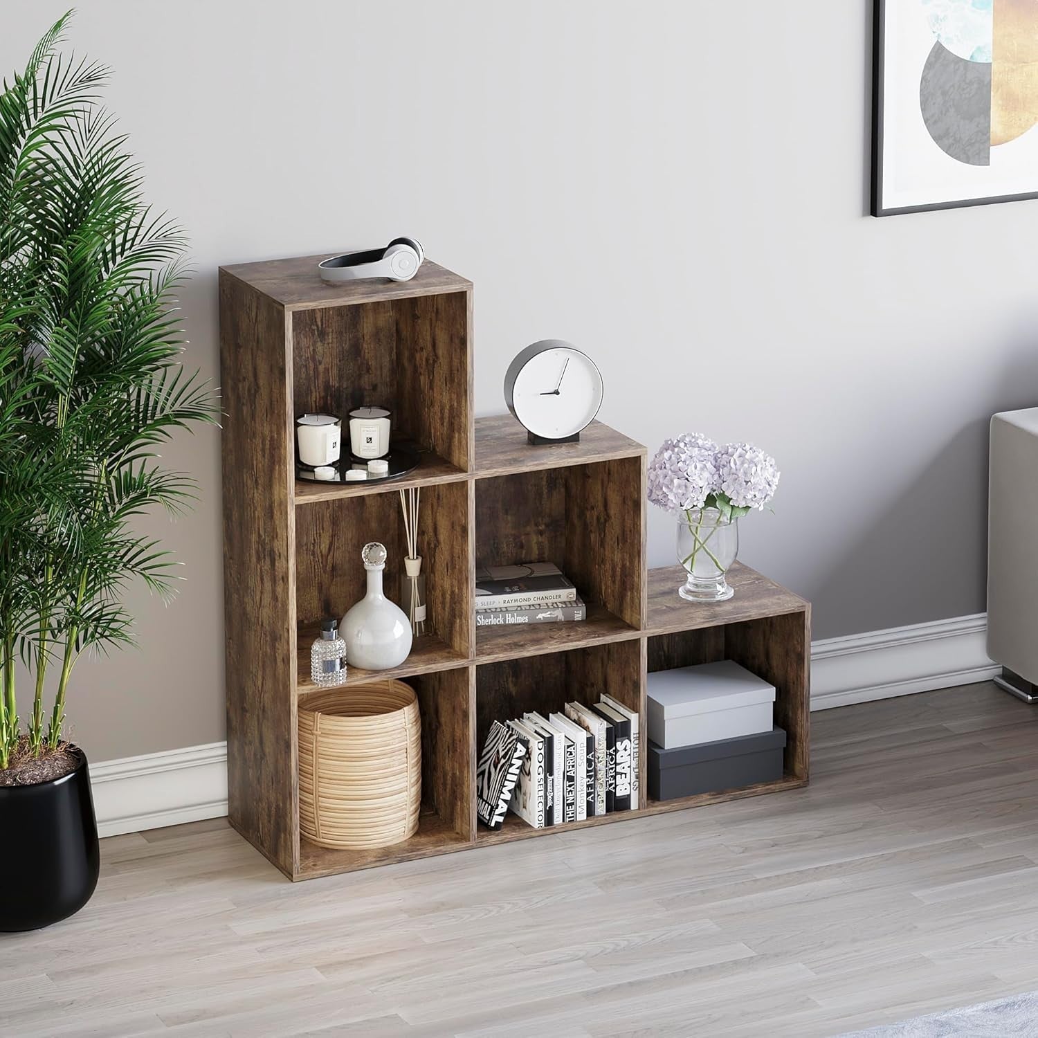 6 Cube Dark Wood Staircase Storage Shelf Modern Durable Organizer
