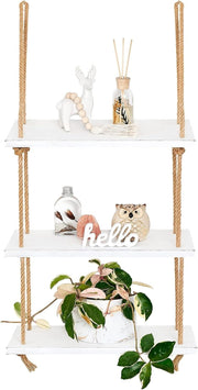 3-Tier White Wood Hanging Shelf Boho Rope Floating Decor