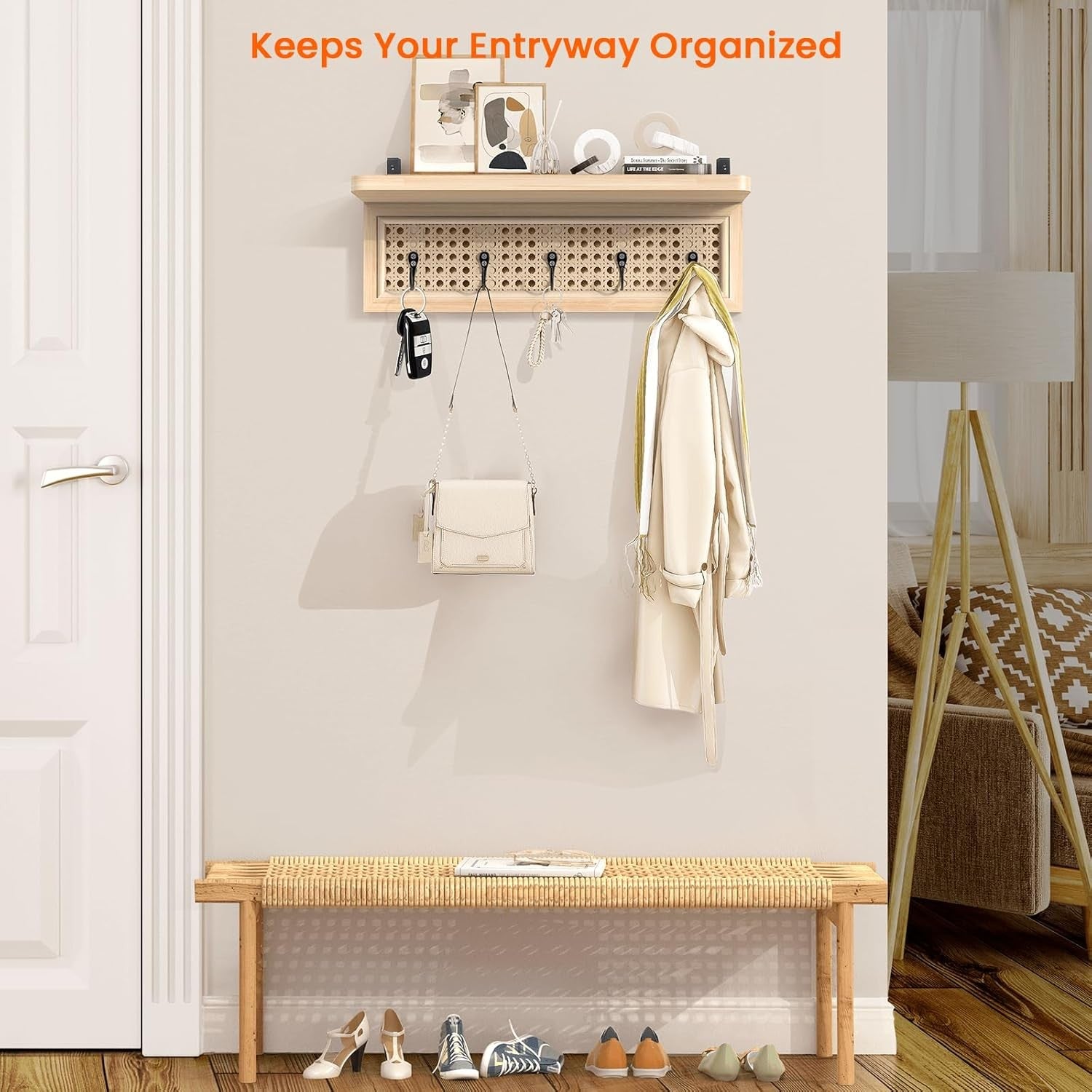 Boho Rattan Wall Shelf with 5 Hooks Natural Wood Floating Entryway Rack