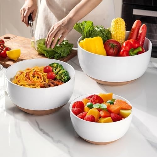 3-Piece White Ceramic Mixing Bowls Set Nesting Microwave & Dishwasher Safe