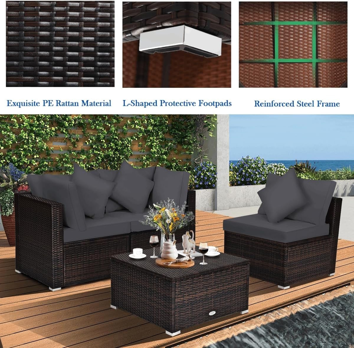 4PC Outdoor Rattan Sofa Set Grey Cushioned Garden Lounge Table Modular