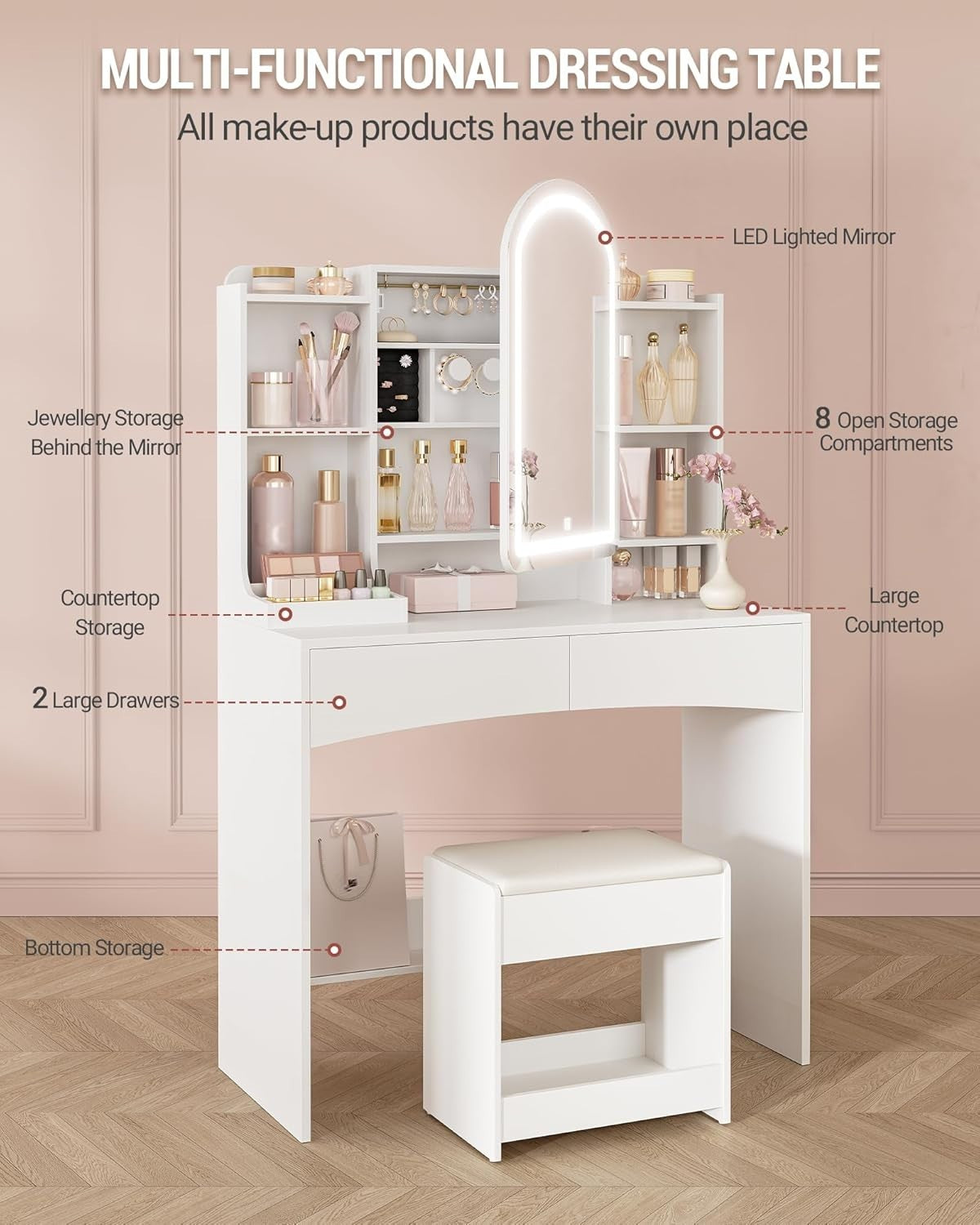 Dressing Table Vanity Desk with Mirror & 3-Color LED Light, Storage, White, Mode