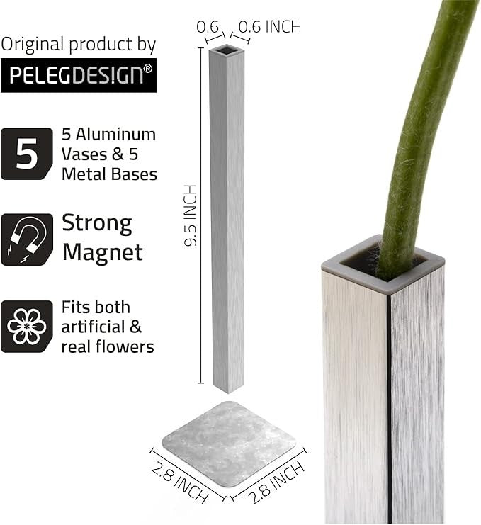 Magnetic Flower Vase Set Modern Silver Metal Bud Vases Minimal Decor