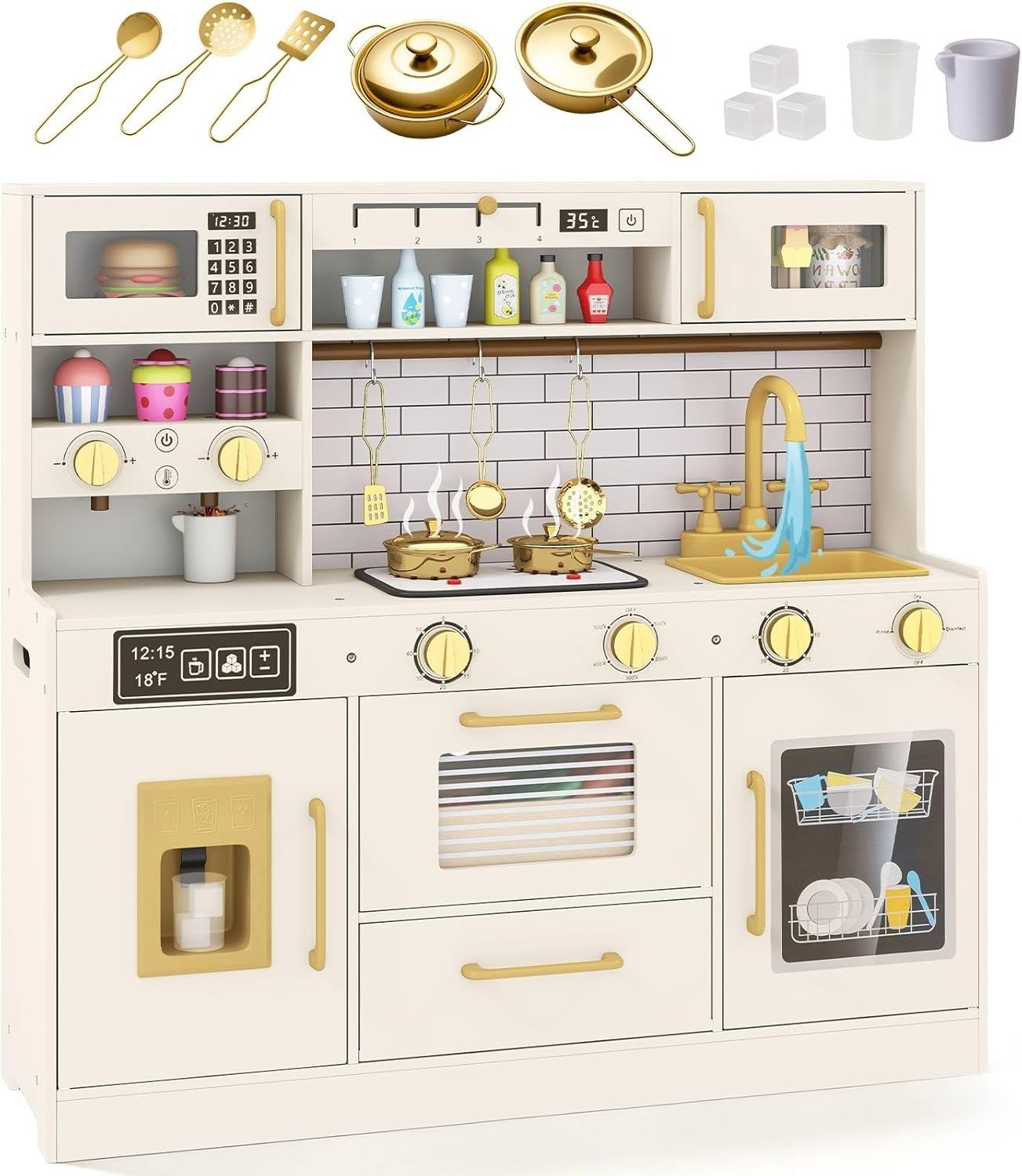 Kids Wooden Play Kitchen Lights Sounds Ice Dispenser Coffee Maker