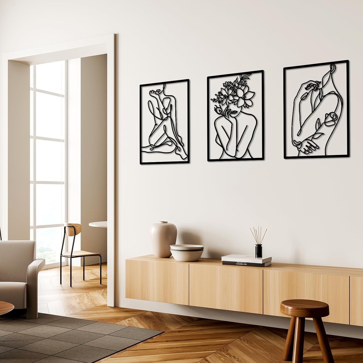 Black Metal Wall Art 3pc Abstract Female Line Panels