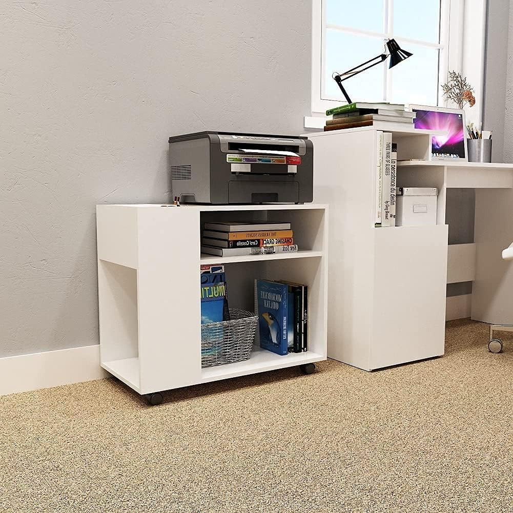 Rolling Lateral File Cabinet Open Shelf Mobile Printer Stand White