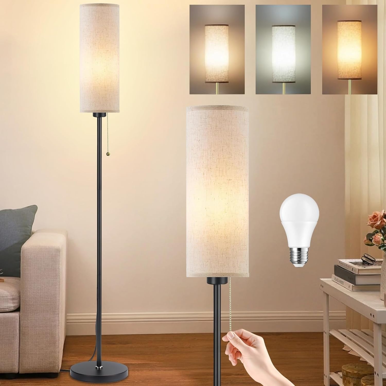 Black Linen Floor Lamp Standing Light 3 Colour LED Pull Chain Modern Corner