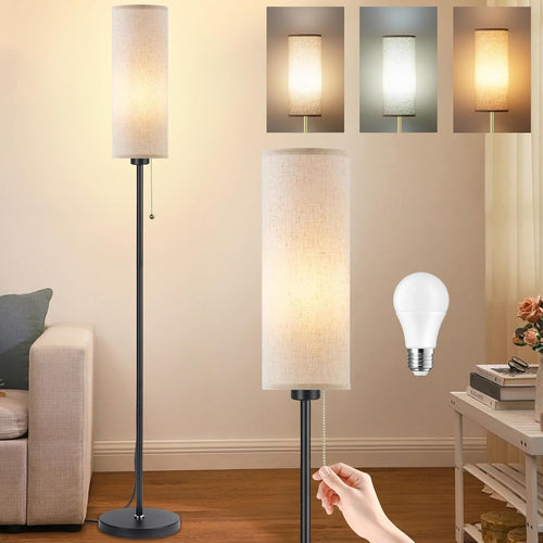 Black Linen Floor Lamp Standing Light 3 Colour LED Pull Chain Modern Corner