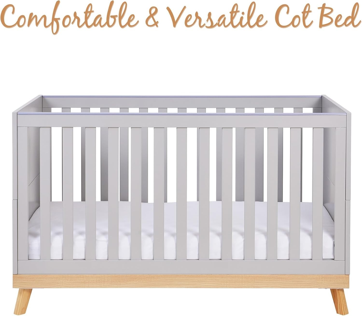 Convertible Grey Baby Cot Bed 3 Height Adjustable Toddler Bed 145x76x89 cm