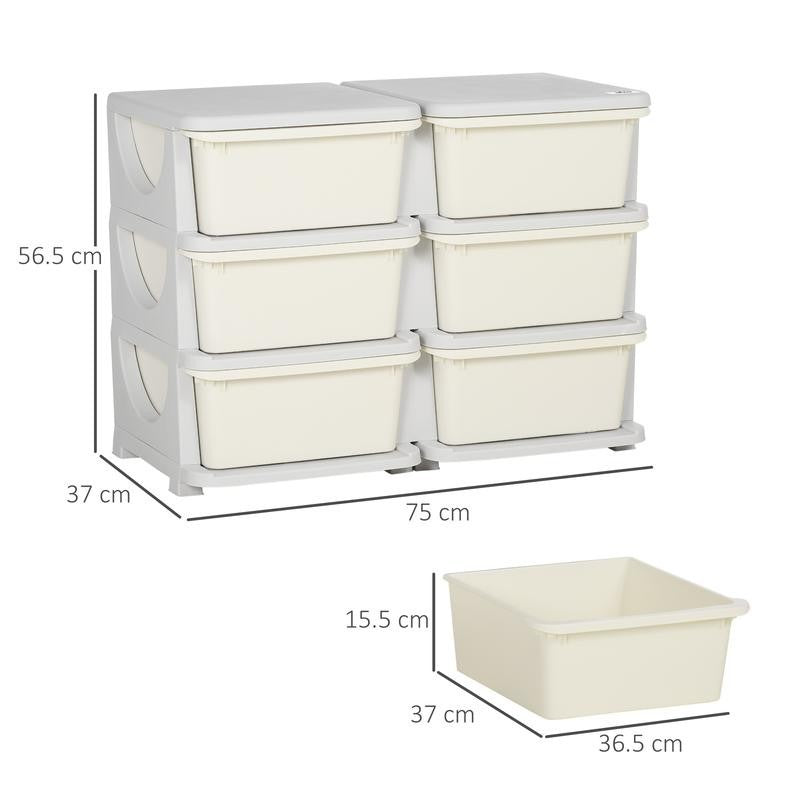 Kids Toy Storage Unit with 6 Drawers – Cream & Grey Plastic Cabinet