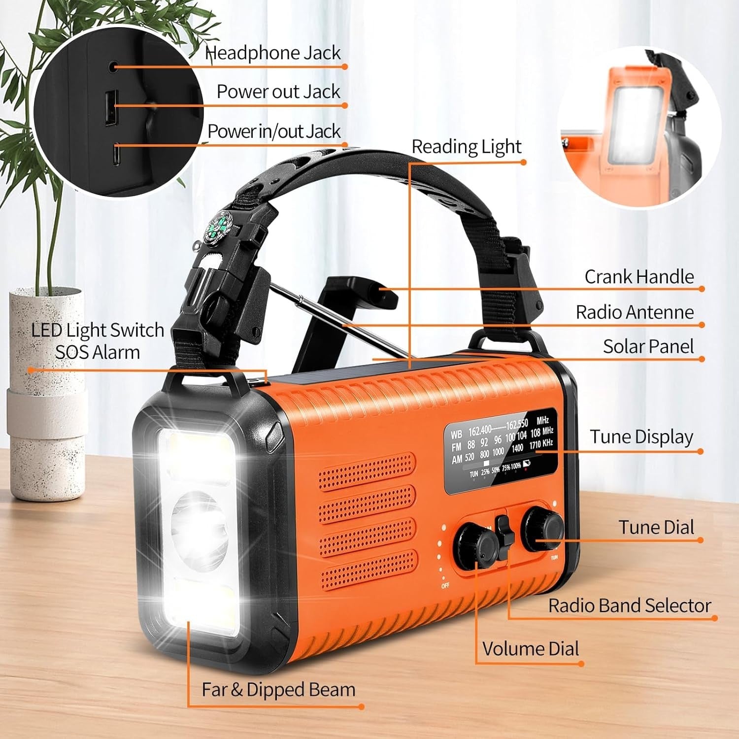 Wind Up Solar Emergency Radio 20000mAh AM/FM NOAA SOS Torch Orange
