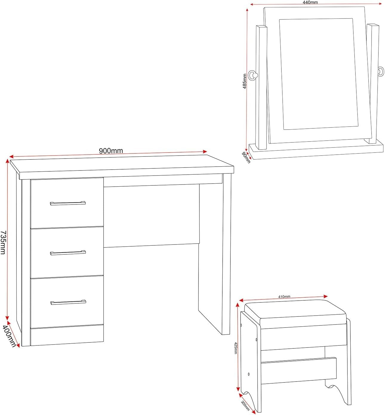 3 Drawer Vanity Dressing Table Set w/ Mirror & Padded Stool Black Wood Grain