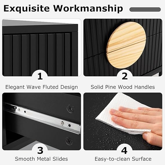 Set of 2 Black Modern Bedside Tables – Dual Drawers Metal Frame Wood Accent