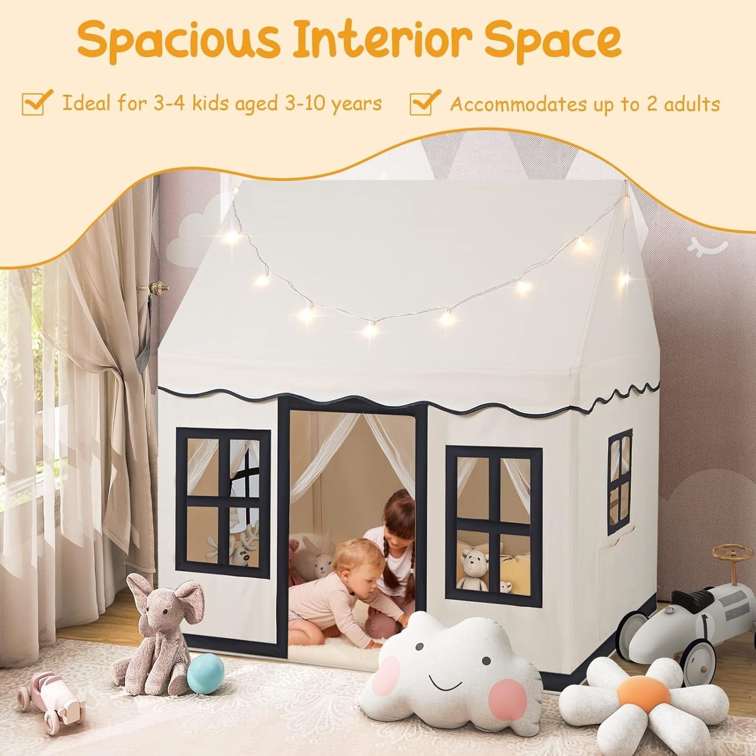 Large Kids Indoor Castle Tent With Star Lights Washable Floor Mat