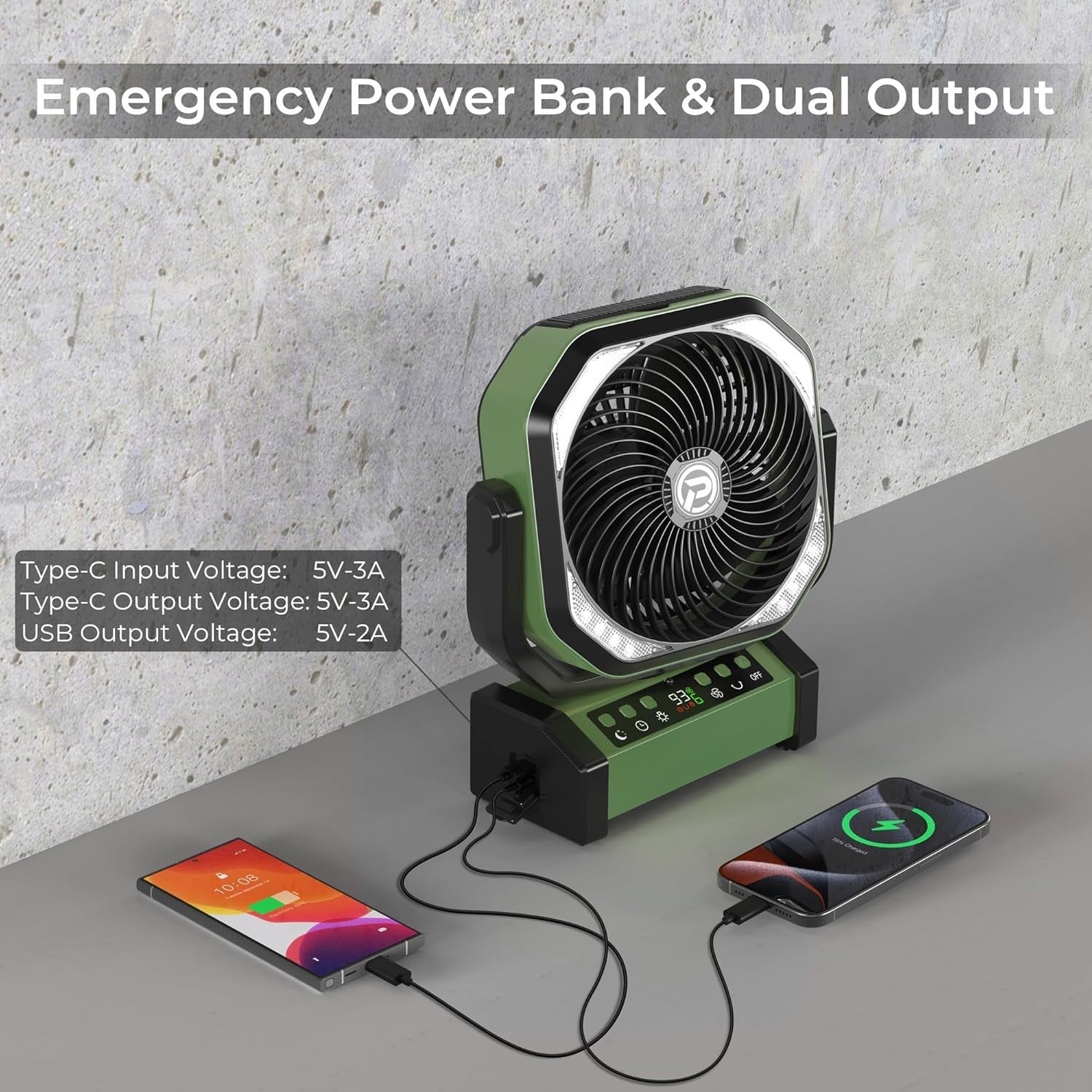 Green Camping Fan – 20000mAh Rechargeable w/ LED Light, 9 Speeds & Remote Timer