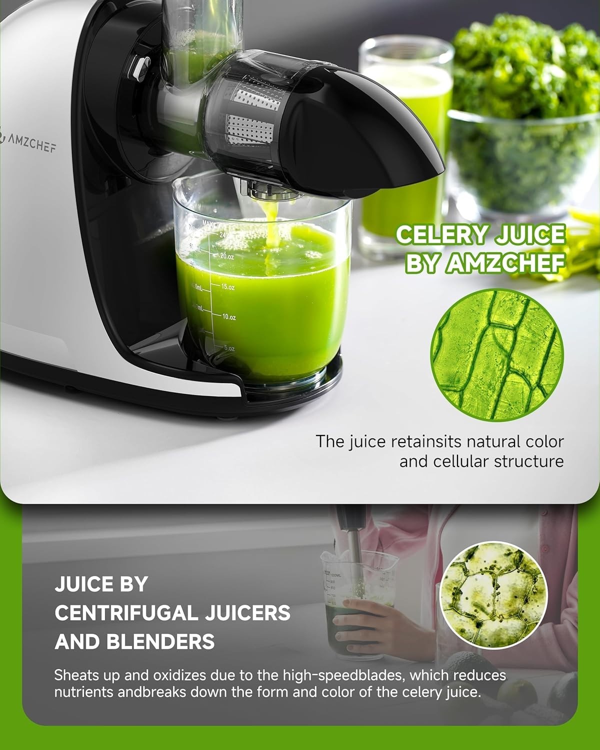 Cold Press Slow Juicer Masticating Whole Fruit High Yield Easy Clean White