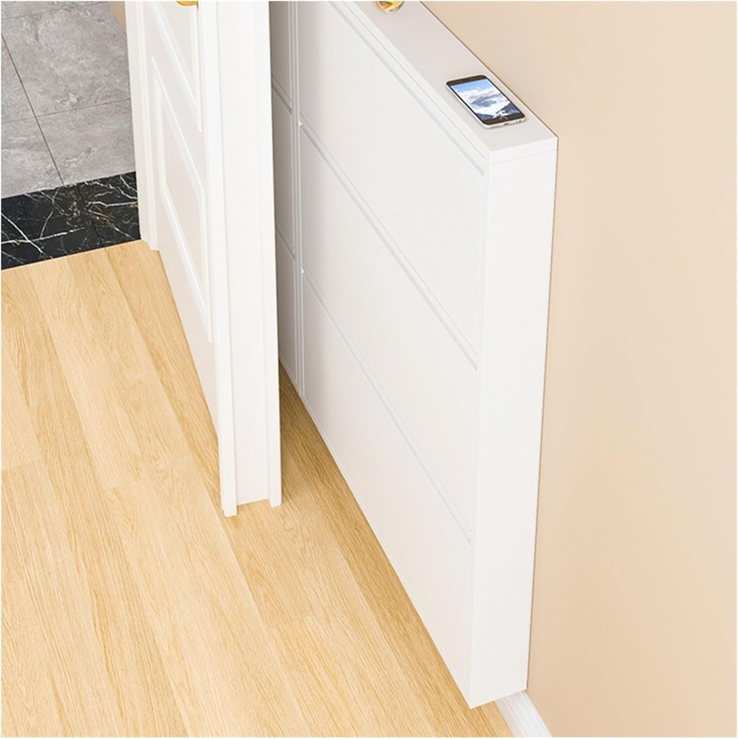 Slim Lockable Flip-Down Shoe Storage Cabinet with Noise Reduction & Shoe Stops