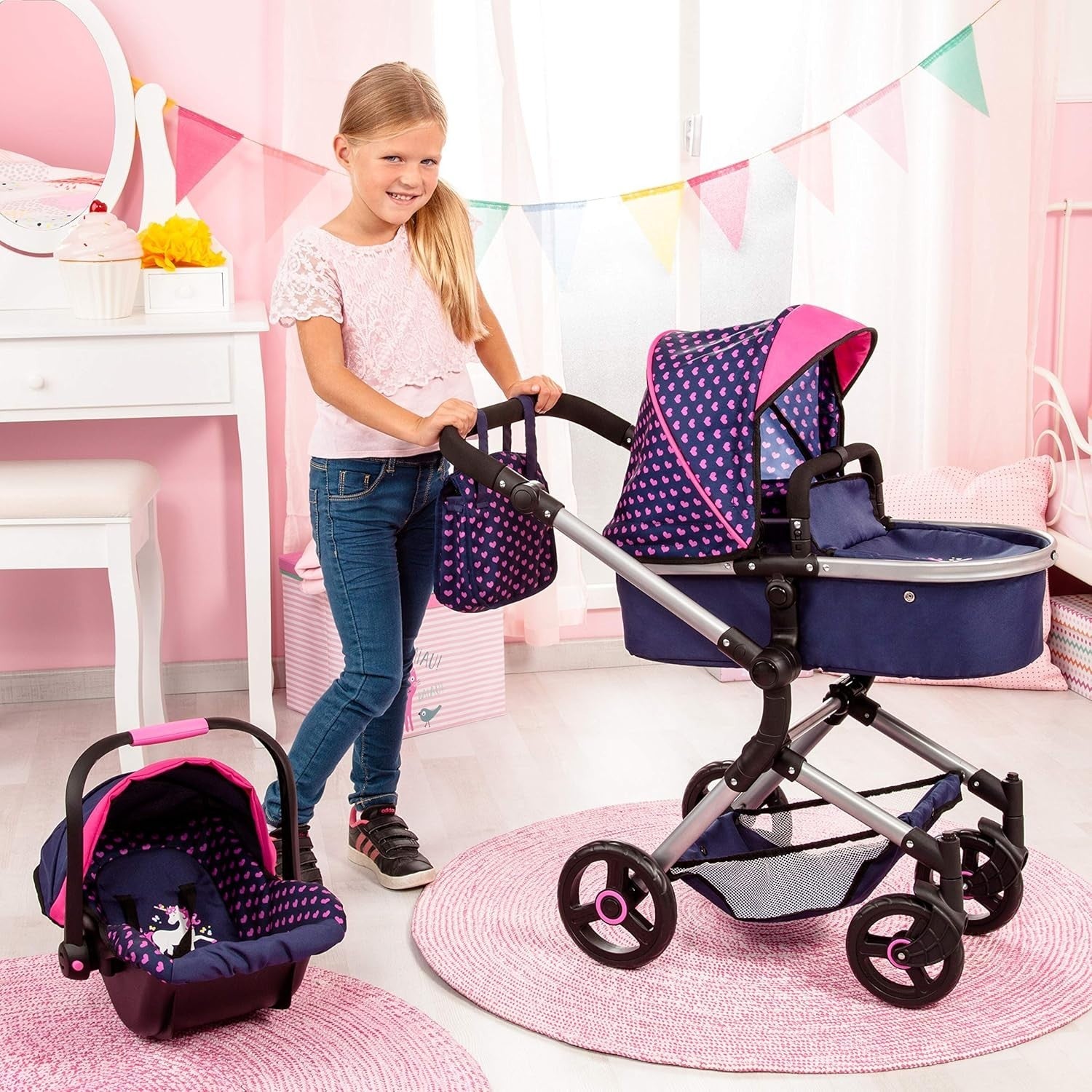 Convertible Dolls Pram Pushchair Adjustable Handle Foldable Basket Bag