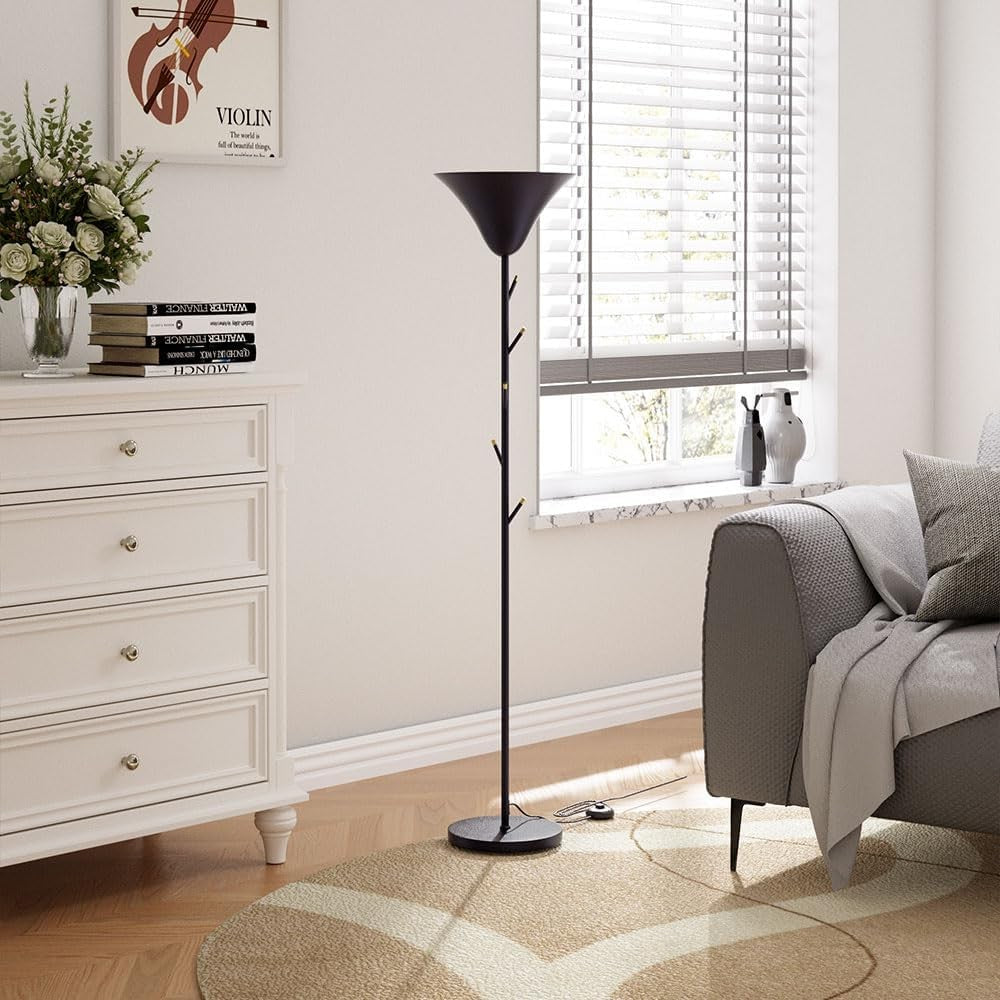 Black Floor Lamp with Coat Rack Hooks Standing Reading Light E14