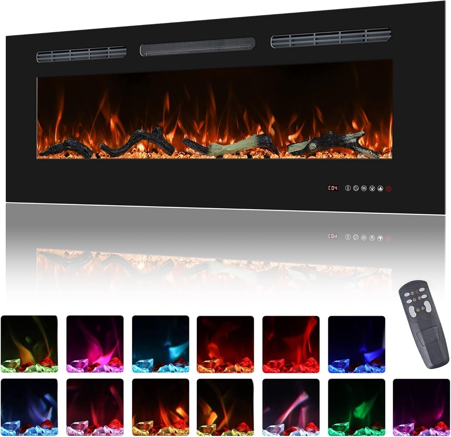 Wall Mounted Electric Fireplace 1500W Heater 84cm LED Flame Logs Timer