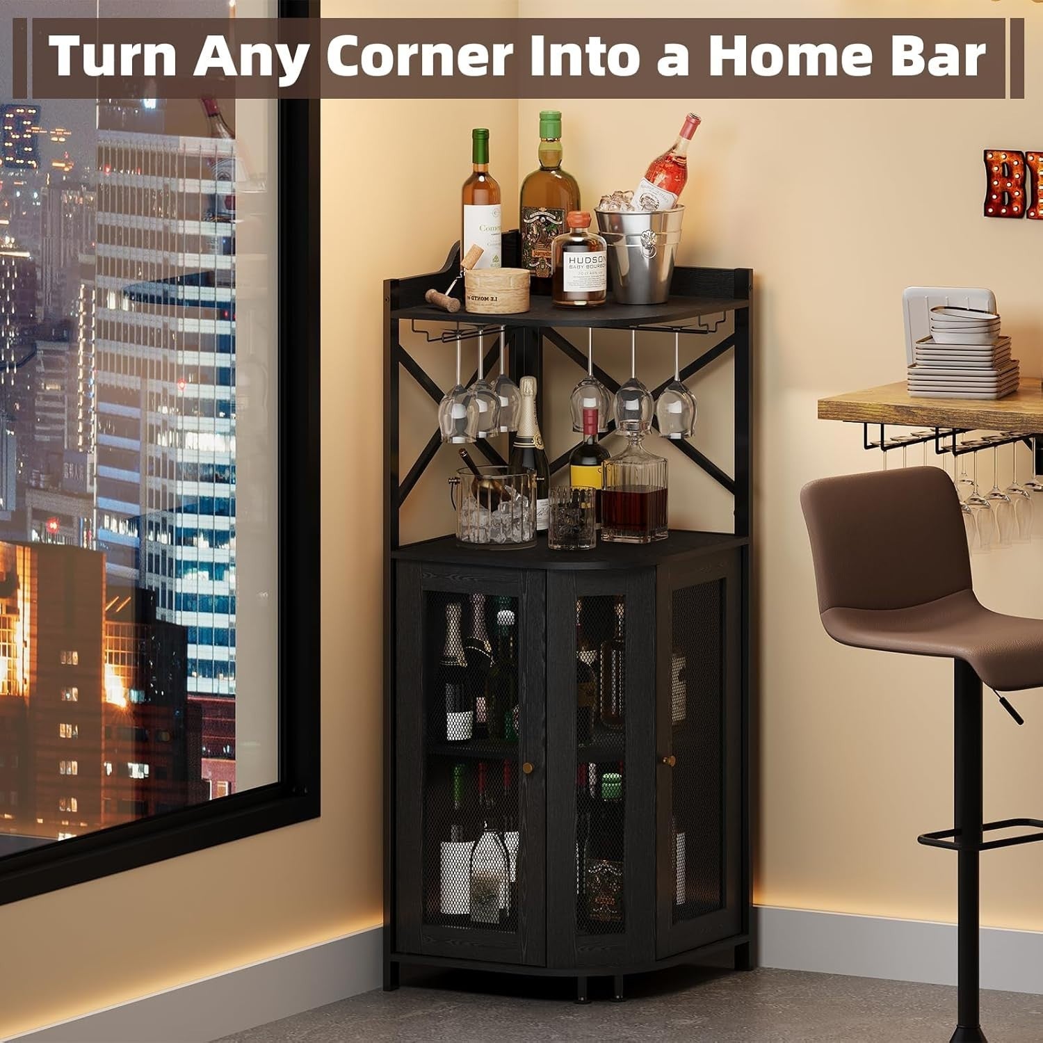Corner Bar Cabinet with Wine Rack, Glass Holder & Storage Shelves – Black