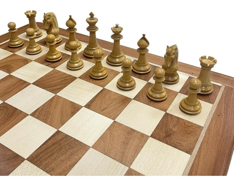 Luxury Acacia Wood Chess Set 3.75" King with Velvet Storage Box & Extra Queens