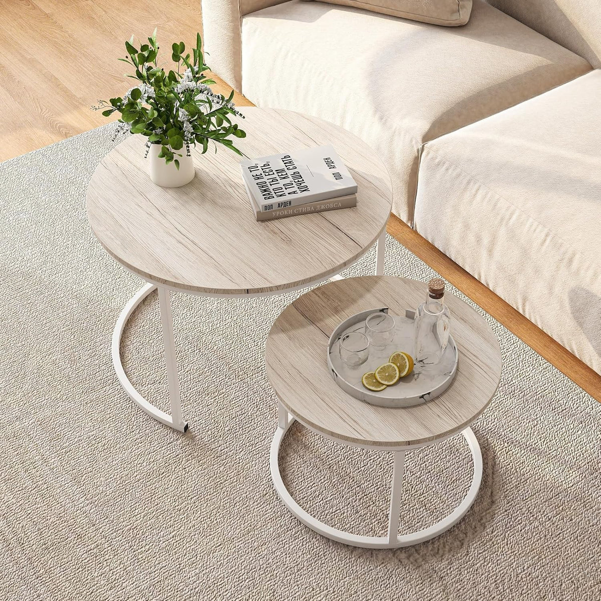 Round Nesting Coffee Tables Set of 2 with Metal Frame & Oak Tops, Space Saving