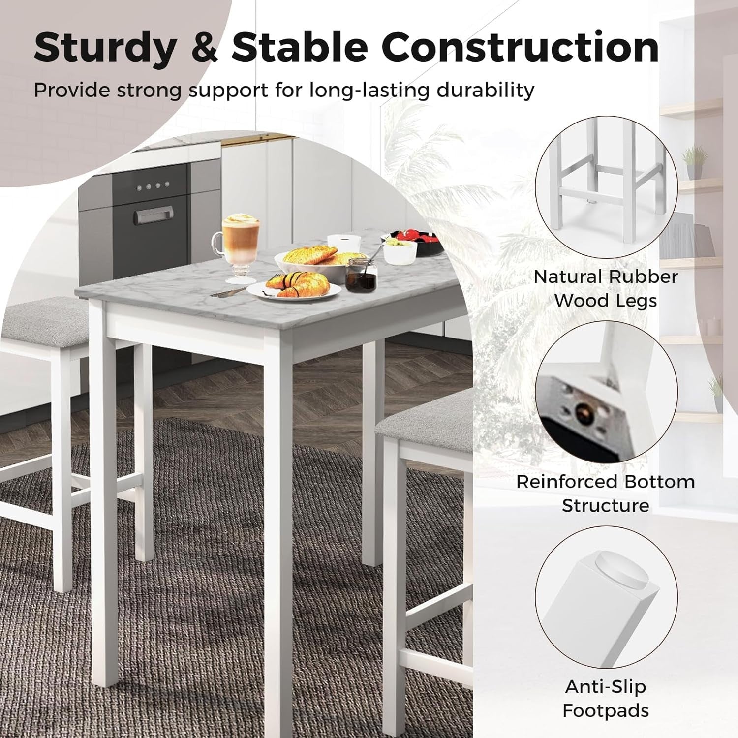 3-Piece Bar Table Set with 2 Stools, Compact Breakfast Bar with Cushioned Seats