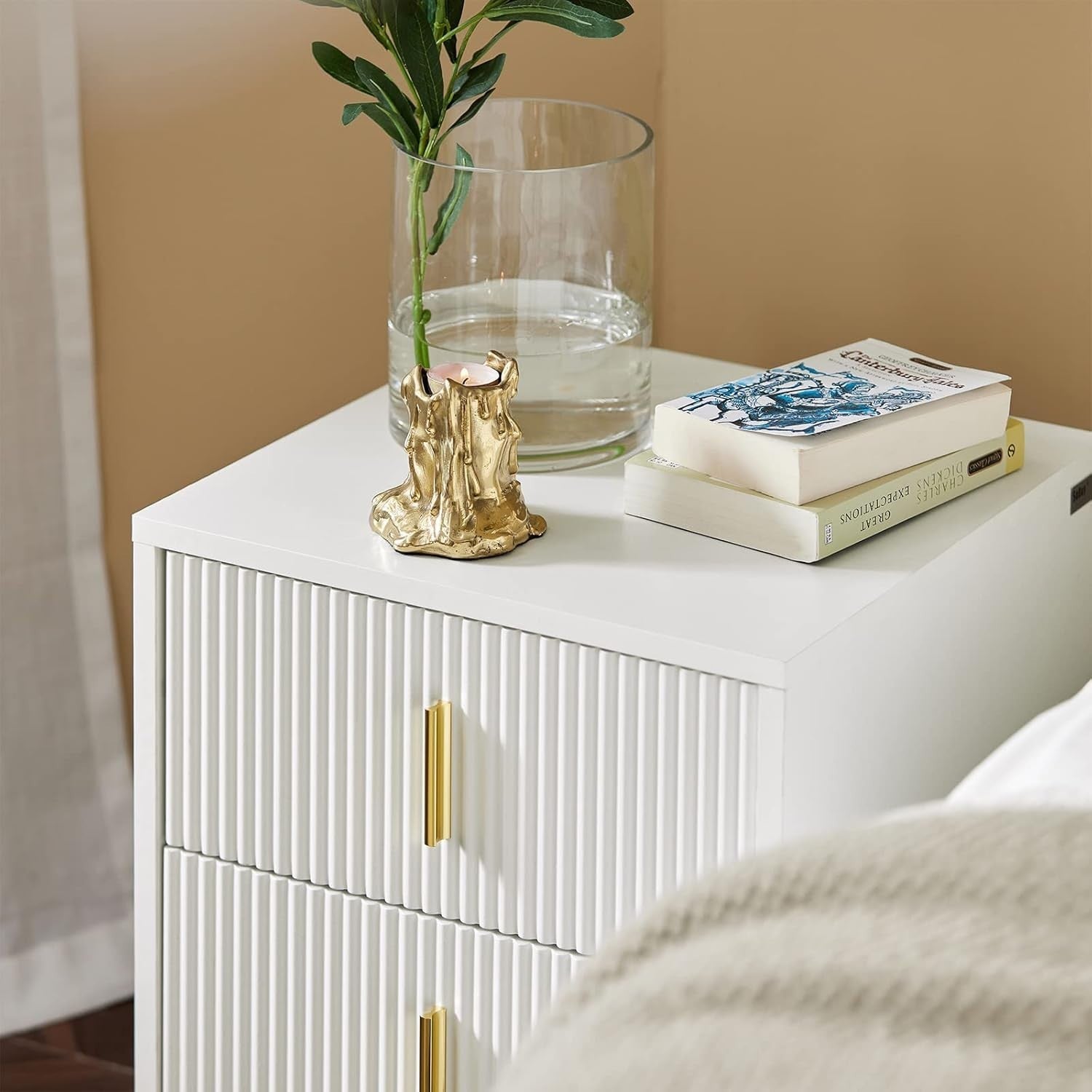 Modern White Bedside Table with 2 Drawers & Gold Legs – Elegant Nightstand