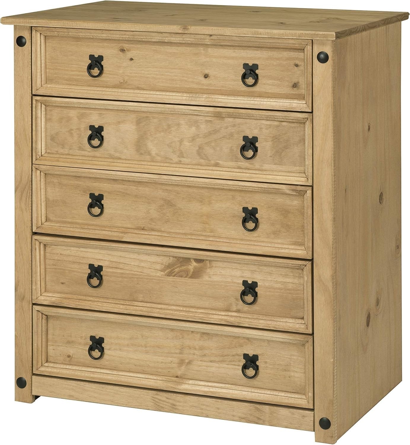 Solid Pine Chest of 5 Drawers, Rustic Waxed Wood Storage for Bedroom