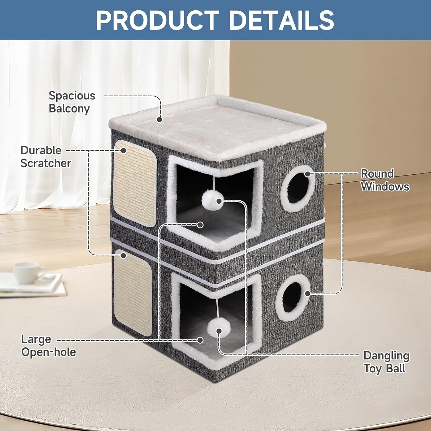 3 Tier Foldable Cat Cube House Cat Cave Condo w Scratch Pads Balls