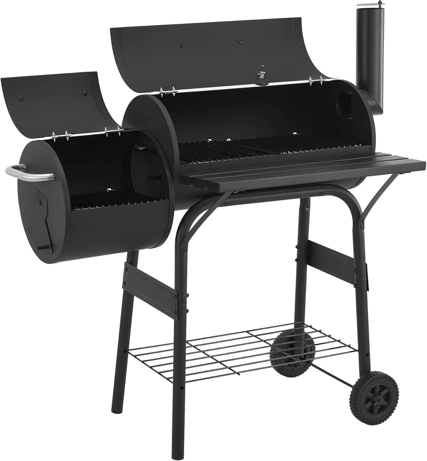 Charcoal BBQ Smoker Grill with Side Firebox & Thermometer Outdoor Trolley 115cm