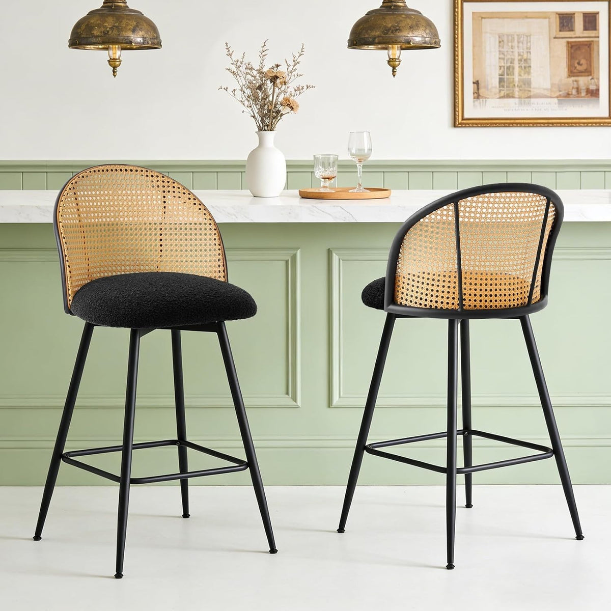 Black Swivel Bar Stools Set of 2 Rattan Back Upholstered Counter Height Seats
