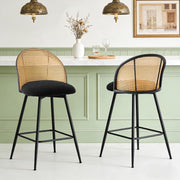 Black Swivel Bar Stools Set of 2 Rattan Back Upholstered Counter Height Seats