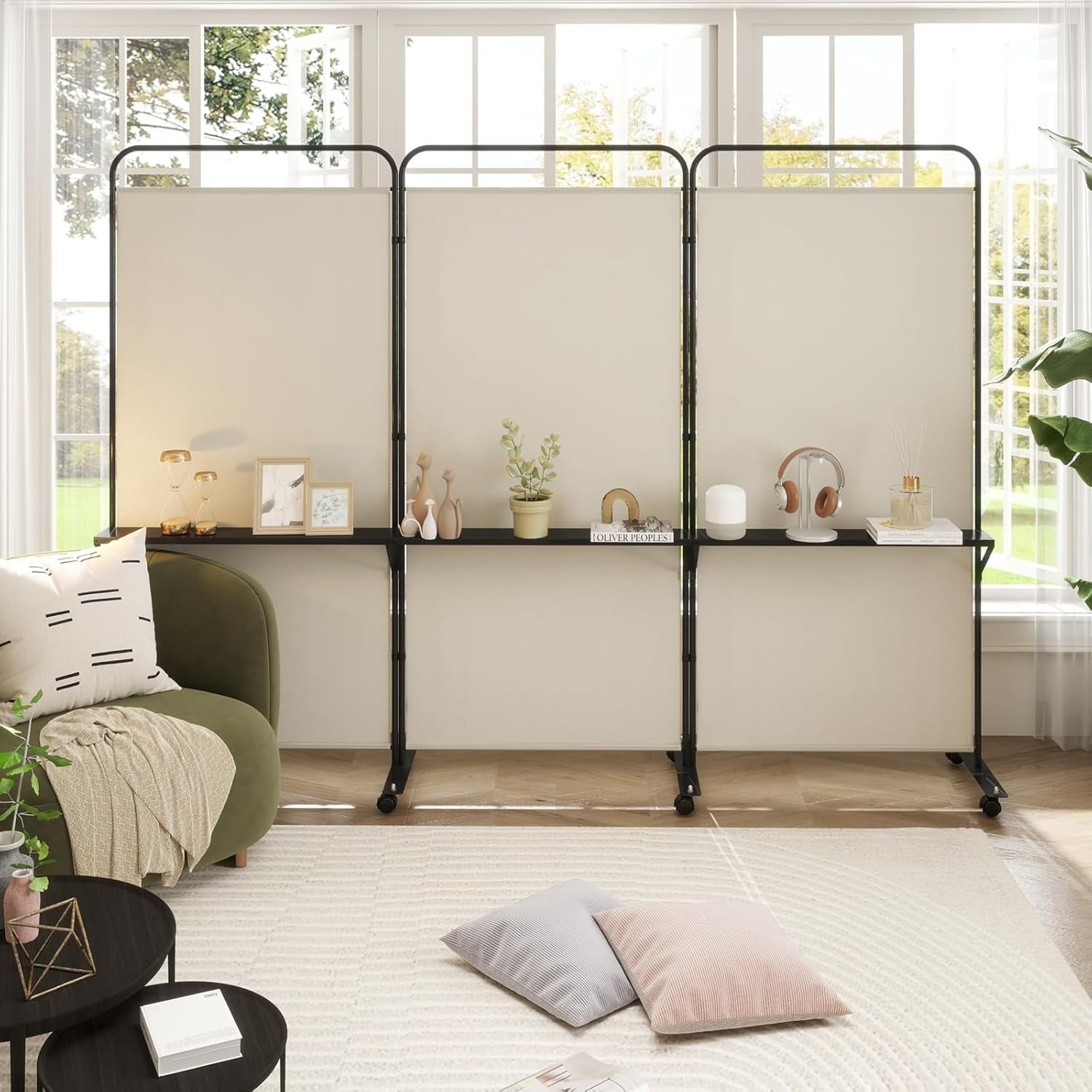 3 Panel White Folding Room Divider with Shelves & Wheels Privacy Screen 188cm